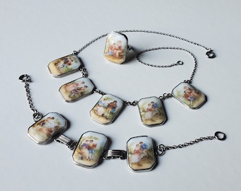 Antique Victorian Painted Porcelain Sterling Silver Romantic Courtship Pareru - Necklace, Bracelet, Ring Set