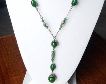 Art Deco 1930's Hand Blown Green Glass and Metal Link Lavalier Necklace 25-1/2"