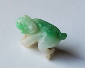 Vintage Chinese Carved Jadeite Apple Green and White Monkey Toggle