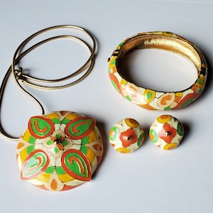 Vintage 1960&#39;s Enamel Parure - Bracelet, Necklace, Pin/Pendant, Earrings Jewelry Set