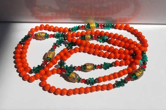 Vintage Opera Length Orange and Green Glass Bead … - image 5