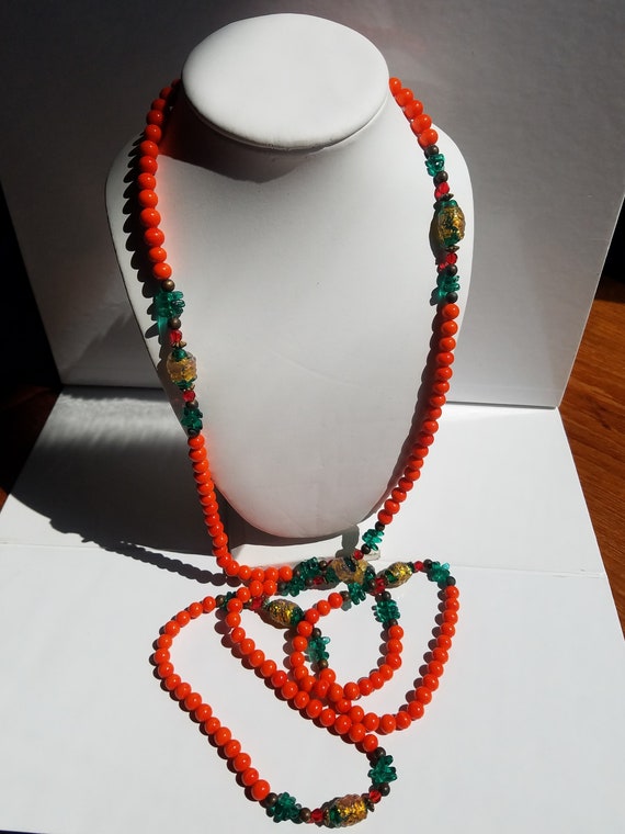 Vintage Opera Length Orange and Green Glass Bead … - image 6