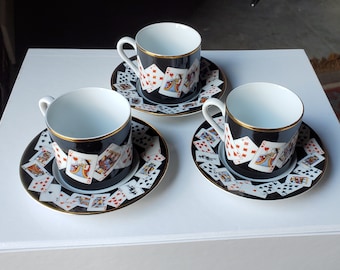 Vintage Tiffany & Co. Never Used Demitasse Set of 3 Cups and Saucers, Playing Card Pattern, Black Background, Mint Condition