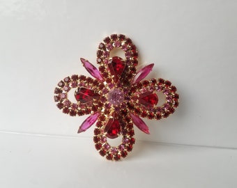 Vintage Juliana Delizza & Elster Large Bow Pin 2-1/2" Gold Tone with Red and Pink Rhinestones