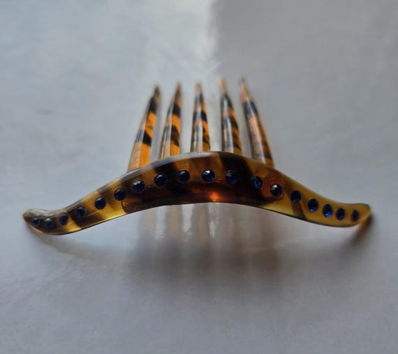 Vintage Hair comb Faux Tortoise Shell with Blue P… - image 3