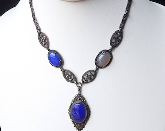 Vintage Art Deco 1920's Sterling Marcasite Rose Quartz Blue Chalcedony Asymmetrical Pendant Necklace