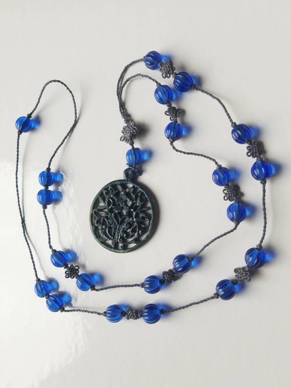 Vintage Chinese Carved Cobalt Peking Glass Beads … - image 2