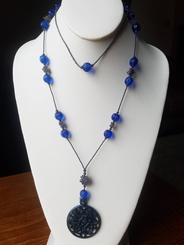 Vintage Chinese Carved Cobalt Peking Glass Beads Pan Chang Knots