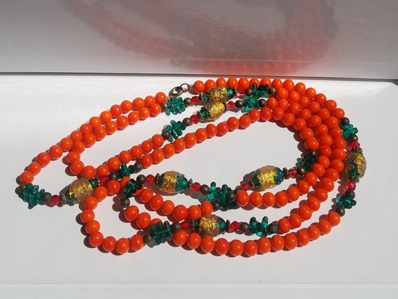 Vintage Opera Length Orange and Green Glass Bead … - image 2