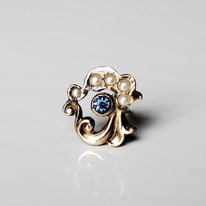 Antique Victorian Brass Tie Tack with Faux Pearls and Sapphire