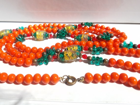 Vintage Opera Length Orange and Green Glass Bead … - image 3