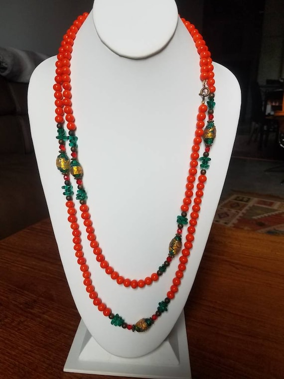 Vintage Opera Length Orange and Green Glass Bead … - image 1