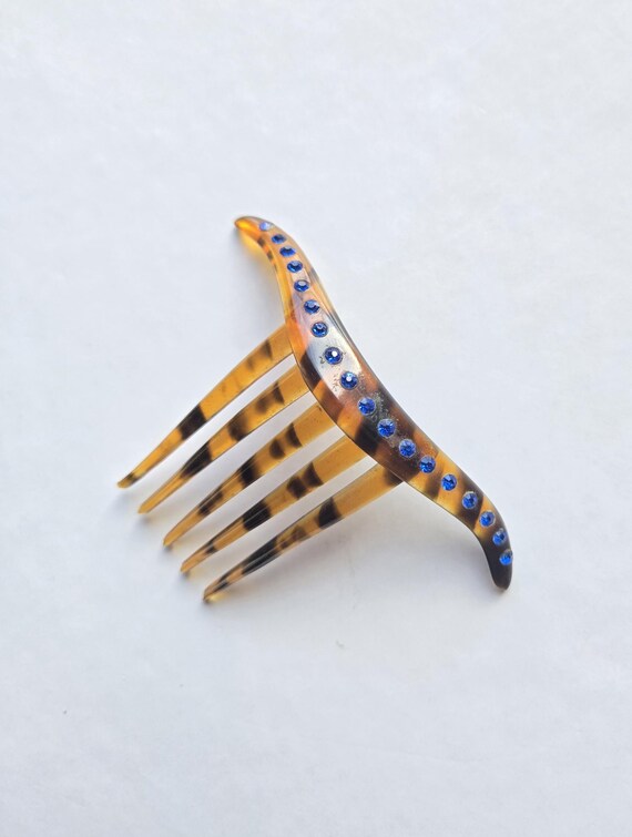 Vintage Hair comb Faux Tortoise Shell with Blue P… - image 5