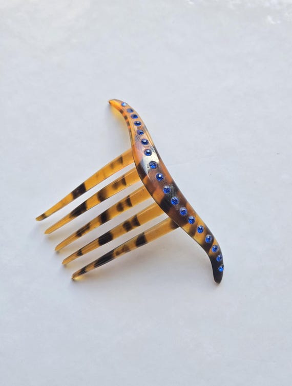 Vintage Hair comb Faux Tortoise Shell with Blue P… - image 1