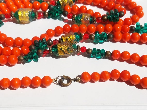 Vintage Opera Length Orange and Green Glass Bead … - image 4