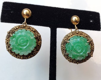 Vintage Chinese Carved Green Jadeite Flower Screw Back Drop Earrings Vermeil Silver Mounting, GF Screw Back