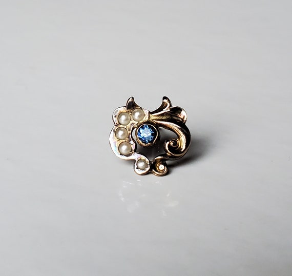 Antique Victorian Brass Tie Tack with Faux Pearls… - image 2