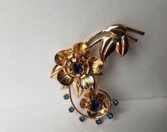 Vintage Sterling Silver Vermeil Flower Brooch Blue Glass Faceted Stones 3-1/4"