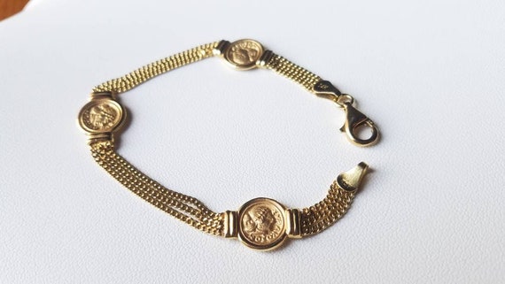 Vintage 14K Yellow Gold Faux Ancient Greek Coins 3 Strand Link Bracelet 7"