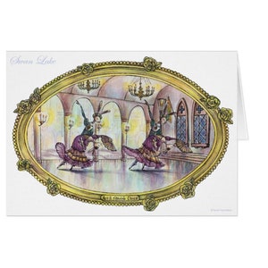 May include: A watercolor illustration of a scene from Swan Lake, Act 3.  The illustration depicts three rabbits dressed in purple and gold costumes, dancing in a grand ballroom. The ballroom has a vaulted ceiling with chandeliers and arched windows. The illustration is framed in a gold oval frame with roses.
