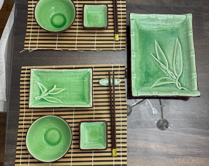 Vintage Crackle Glaze Sushi Set: 13-Piece Ceramic Asian Dinnerware availible in 2 colors