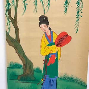 Vintage large Chinese wall art scroll with hand painted, Asian  women Figure or Chinese landscape.