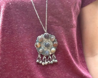 1960’s large hippie style silver plate pendant on chain with natural cabochon stones.