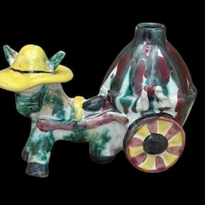Vintage dime store ceramic hand painted colorful donkey cart statue.