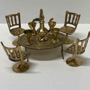 Vintage Dime Store Solid Brass Mini Table and Chair Set With Wine
