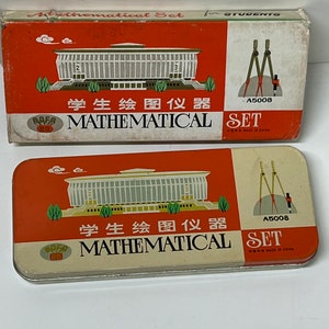 Vintage dime store mathematical school set in original lithographed tin.
