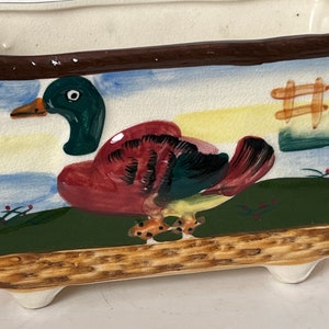 vintage dime store hand painted mallard duck planter/caddie with cool crackle glaze finish.
