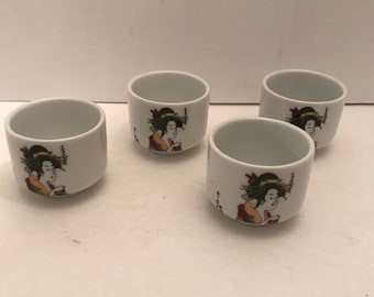 Vintage set of 4 ceramic Sake cups with Japanese lady design Nos