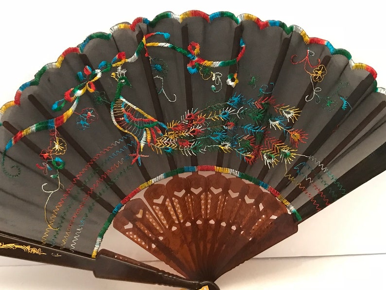 Vintage fabric embroidered fan with peacock design 2 colors available.