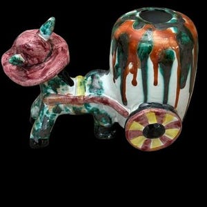 Vintage dime store ceramic hand painted colorful donkey cart statue