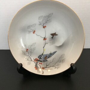 Vintage white Japanese dish with birds with stand