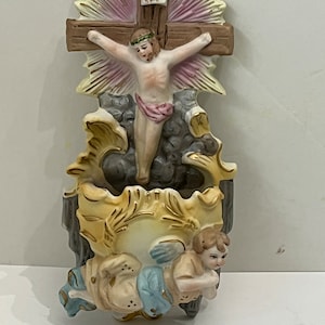Vintage dime store Jesus on the cross with angel’s holy water wall holder hand painted