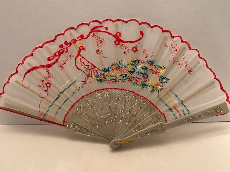 Vintage fabric embroidered fan with peacock design 2 colors available.
