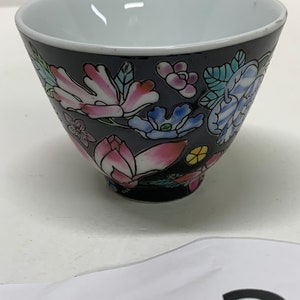 vintage dime store hand painted porcelain black and floral sake / tea cup
