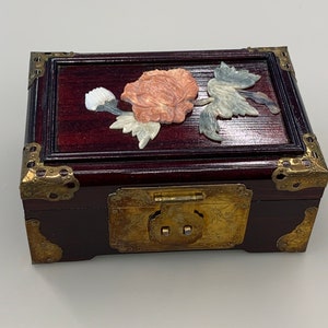 vintage dime store hand crafted rose wood jewelry box with rose soap stone design
