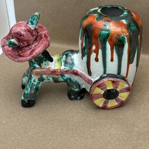 Vintage dime store ceramic hand painted colorful donkey cart statue