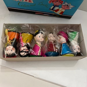 vintage dime store hanging colored doll set 6 pcs in original box