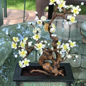 Vintage plum flower plastic bonsai with weighted flower pot base Japan