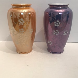 outstanding vintage dime store opalescent finish mini vase with floral design purple or gold