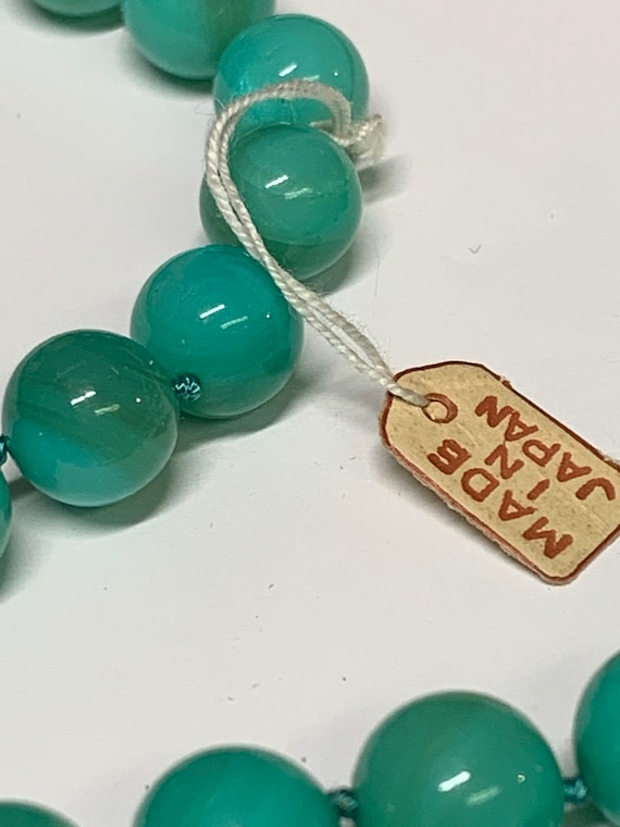 Vintage dime store Jade green 9mm glass bead hand strung necklace 25 INCHES.