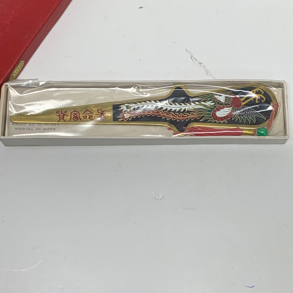 vintage dime store brass and black enamel colorful bird/ dragon letter opener NOS