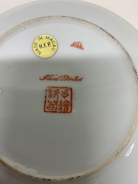 vintage dime store 6.5 inch hand painted porcelain plate with birds/bush scene design