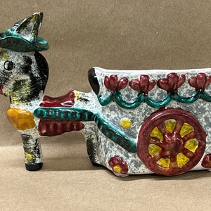 vintage dime store hand painted donkey cart planter Italy.