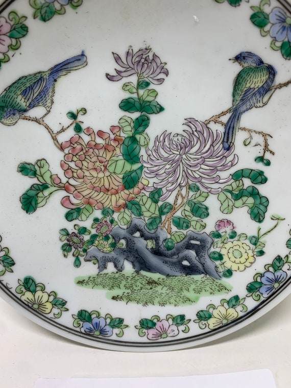 vintage dime store 6.5 inch hand painted porcelain plate with birds/bush scene design