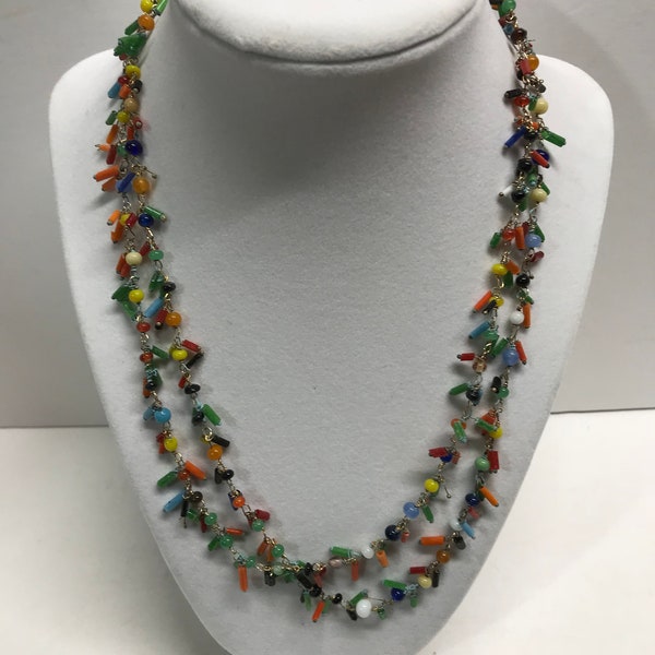 Vintage handmade colorful seed bead tiny hanging glass tube style necklace.