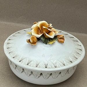 vintage dime store white ceramic candy bowl with floral 3 dimensional lid.